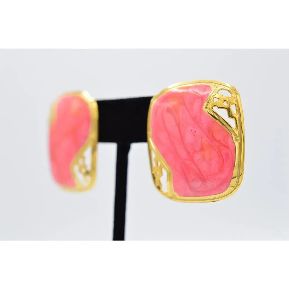 Vintage Chunky Pierced Earrings Gold Metal Pink Enamel Square 1980s BinAA